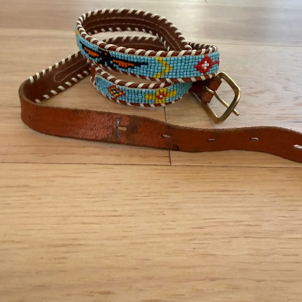 Vintage Beaded  Western Belt Women 34-36 Brown Leather Gold Buckle Festival Boho